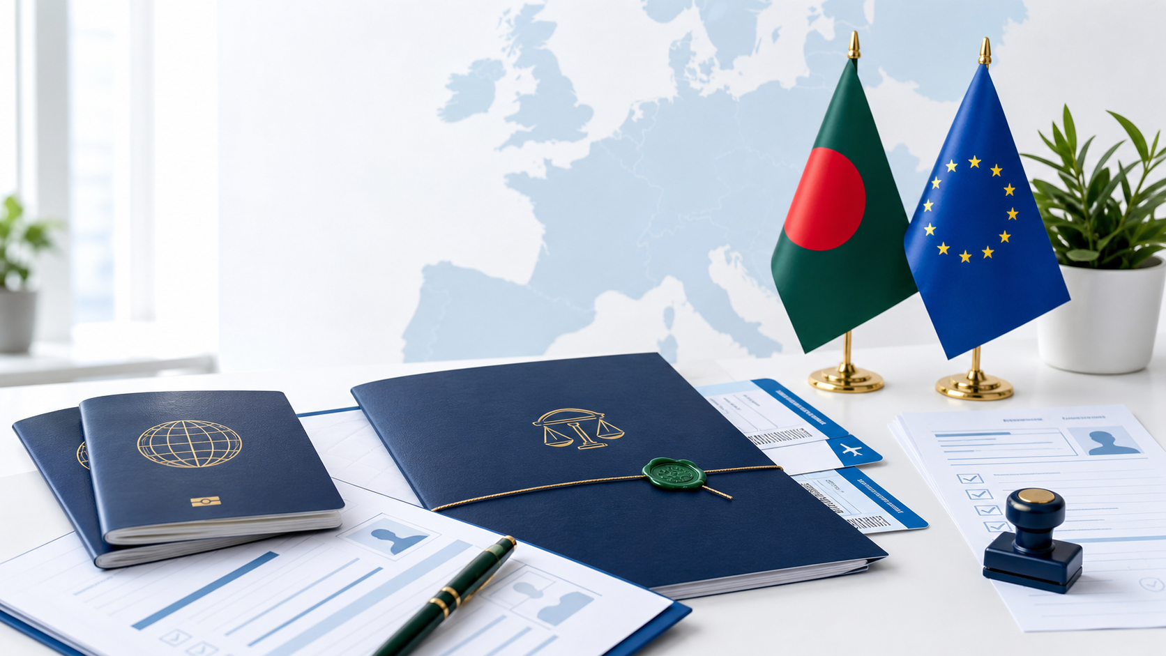Organized work permit documents, passports and Bangladesh to Europe desk flags